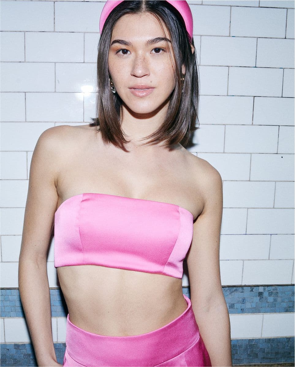 pink recycled polyester satin bandeau set