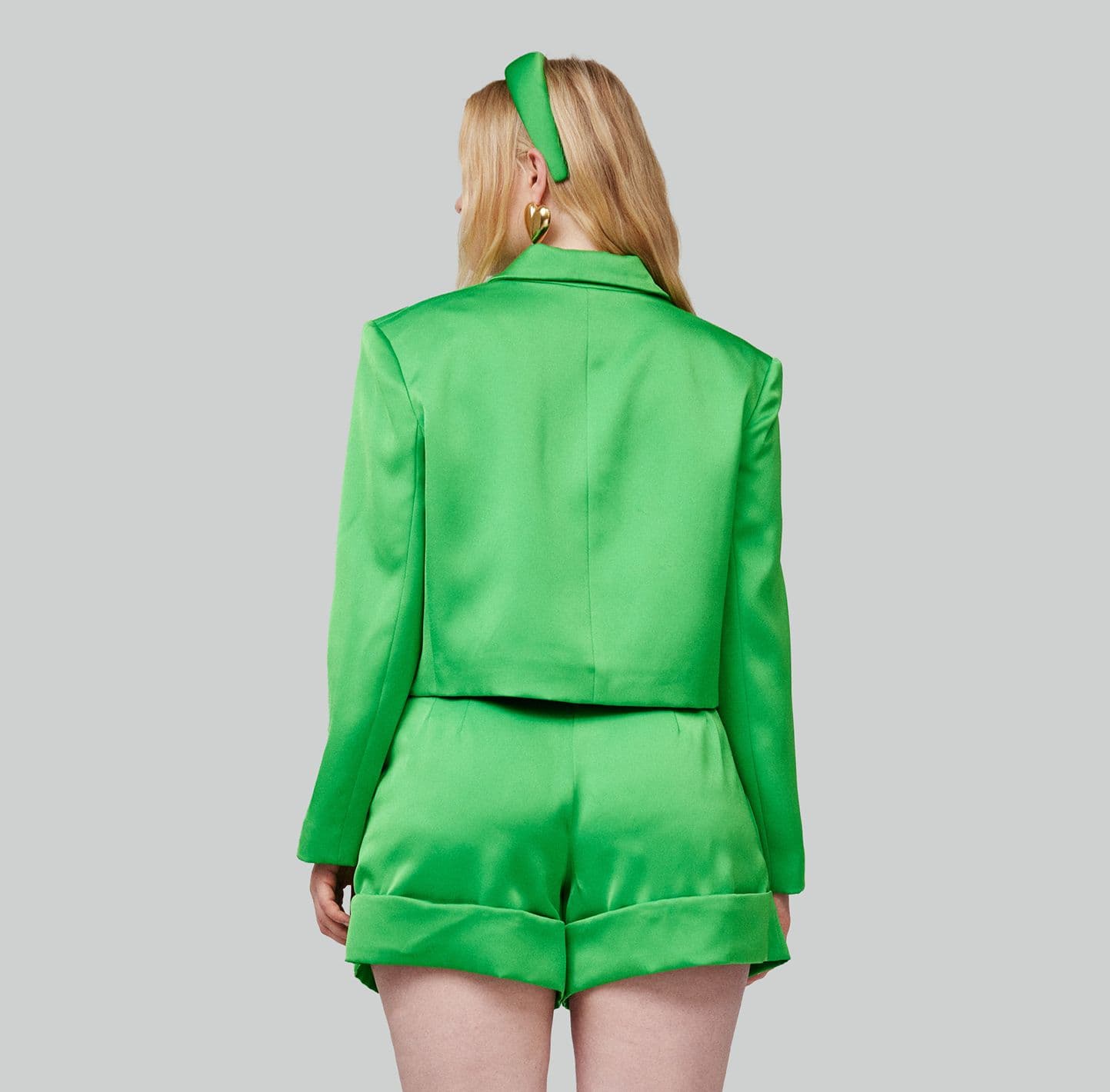 green recycled polyester satin blazer short set