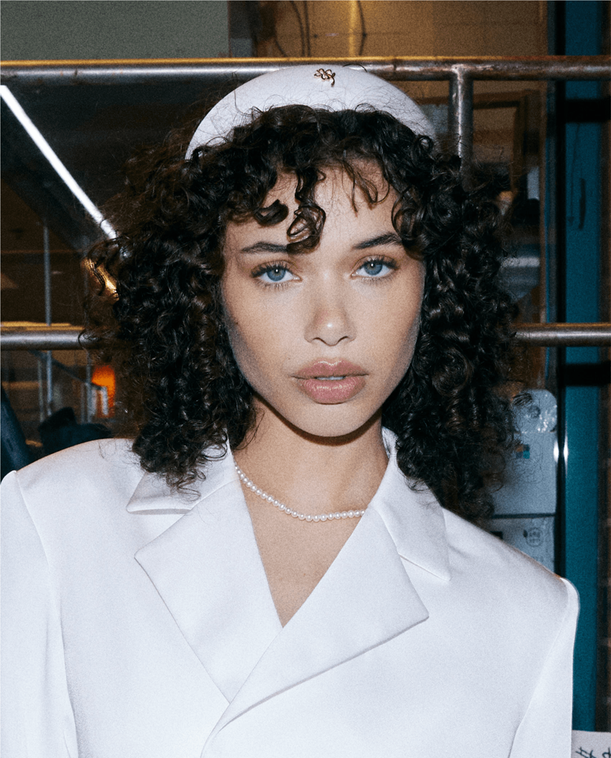 white recycled polyester satin blazer short set