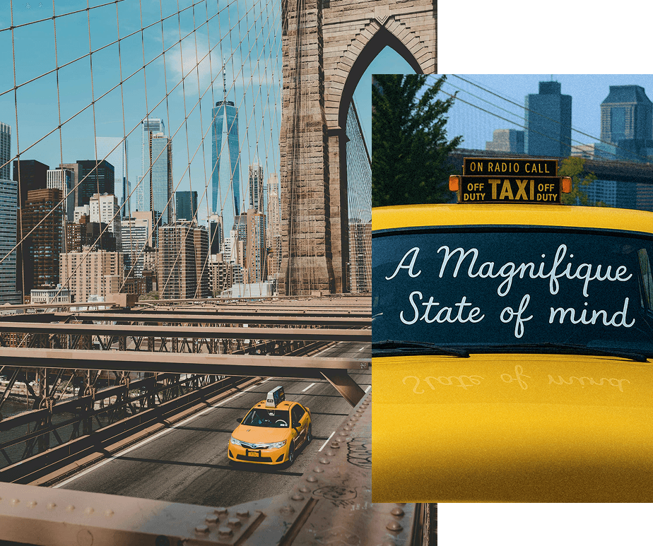 new york city skyline and taxi