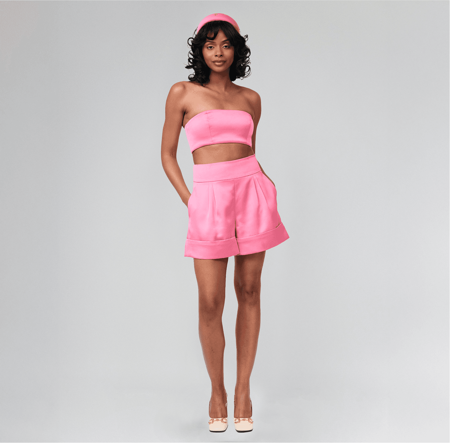 pink recycled polyester satin blazer short set