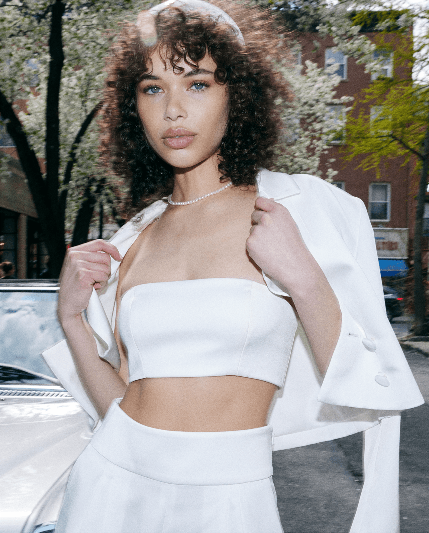 white recycled polyester satin bandeau set