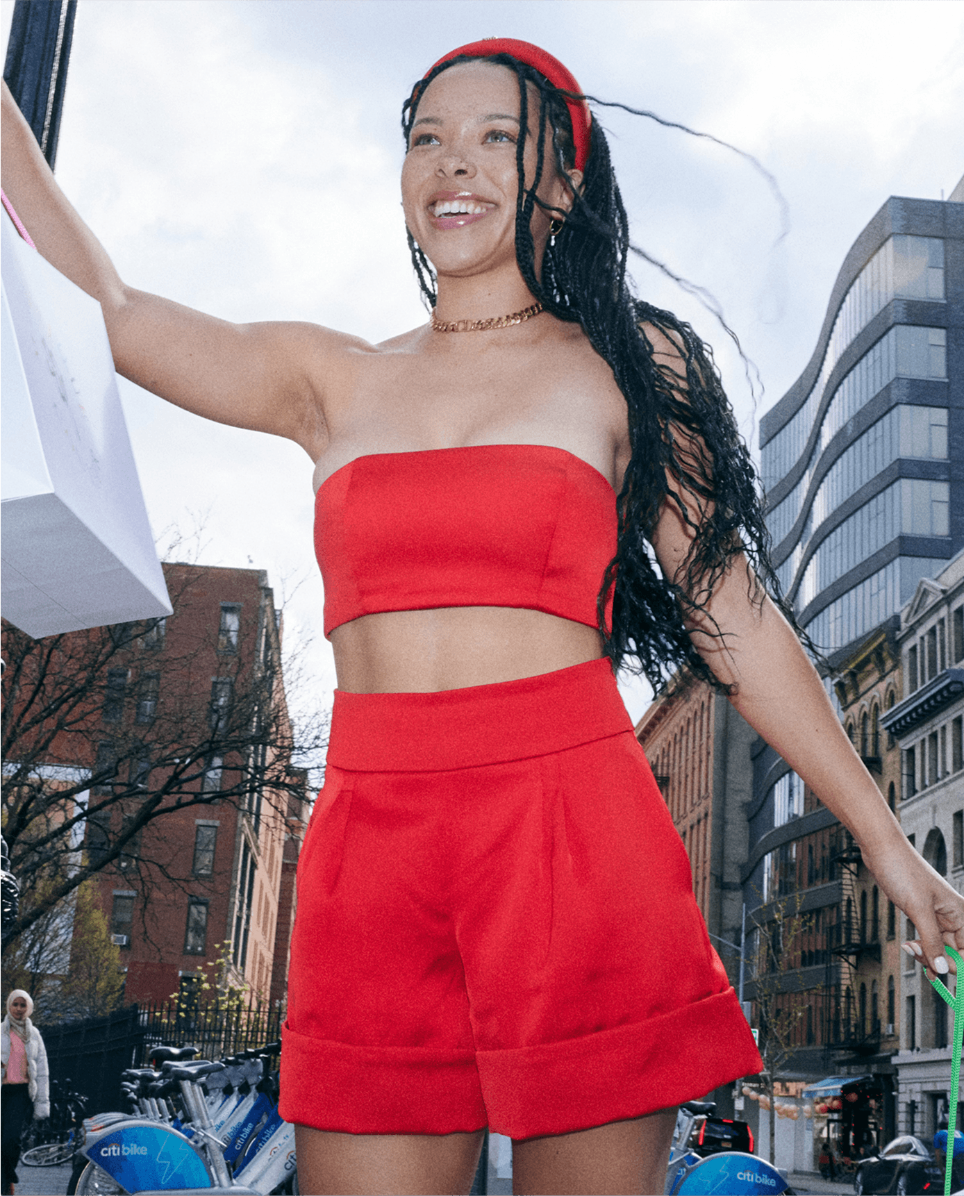 red recycled polyester satin blazer short set