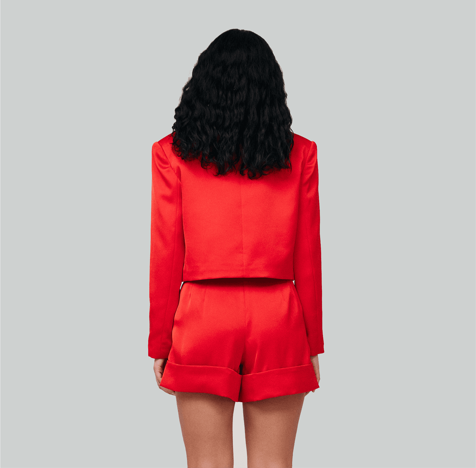 red recycled polyester satin blazer short set