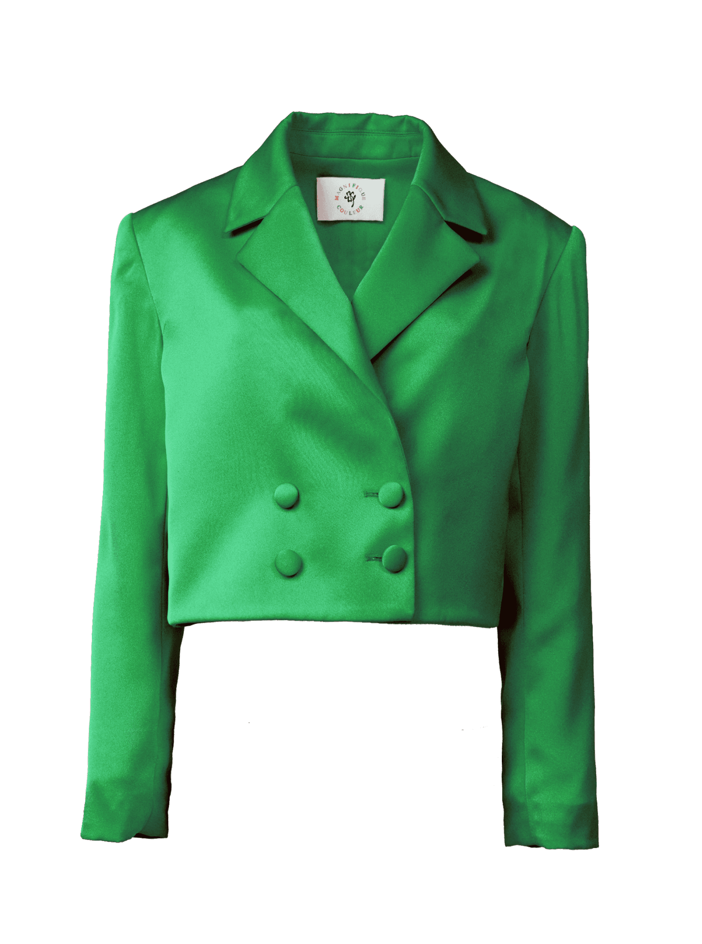 green cropped satin blazer