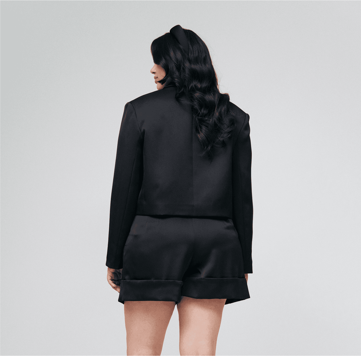 black recycled polyester satin blazer short set