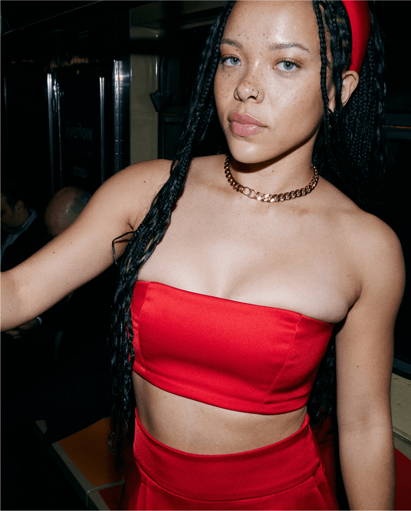 red recycled polyester satin cropped blazer set